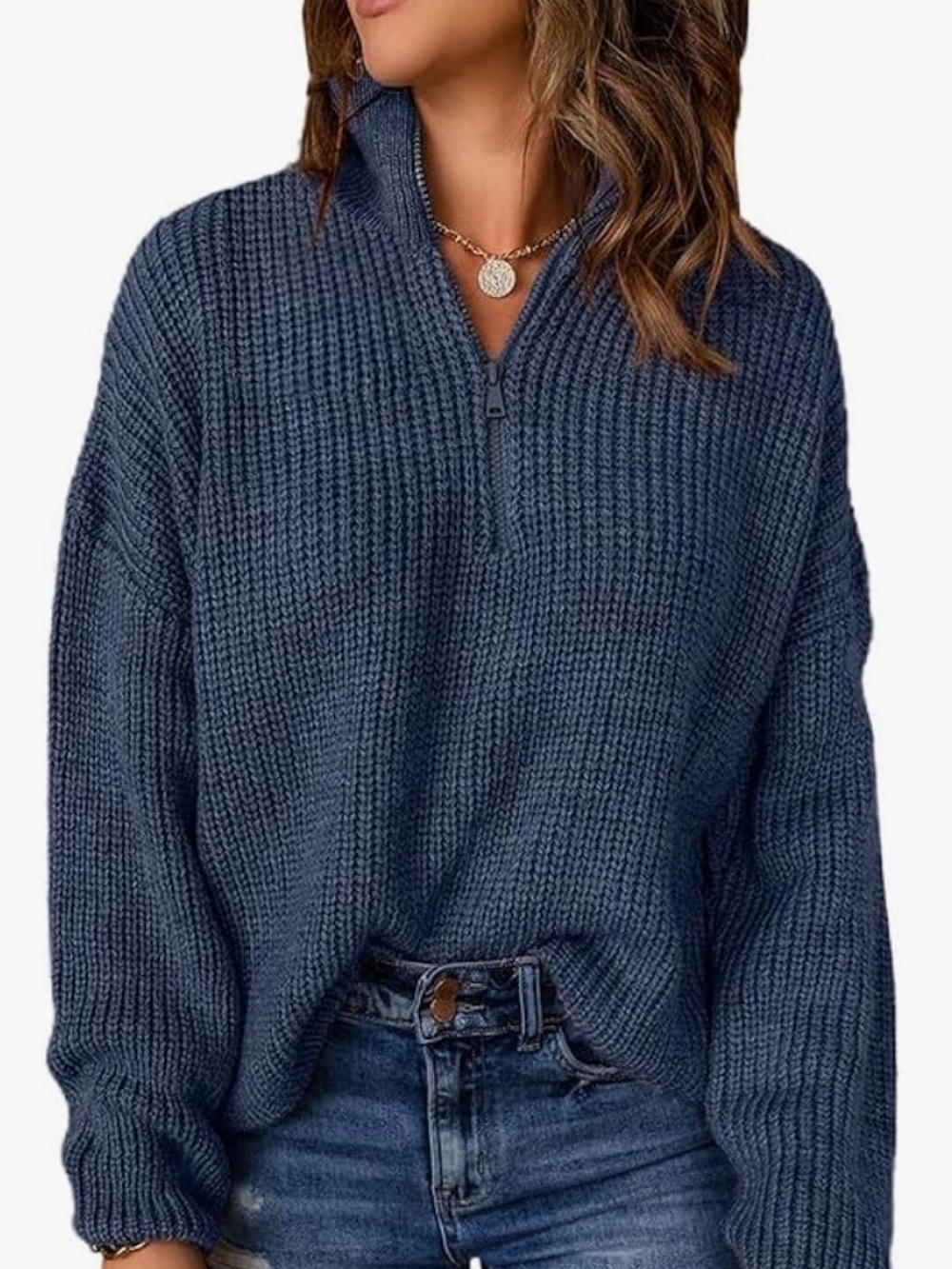 Women's Navy Quarter-Zip Waffle Knit Pullover